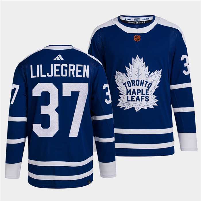 Mens Toronto Maple Leafs Black #37 Timothy Liljegren Blue 2022 Reverse Retro Stitched Jersey Dzhi